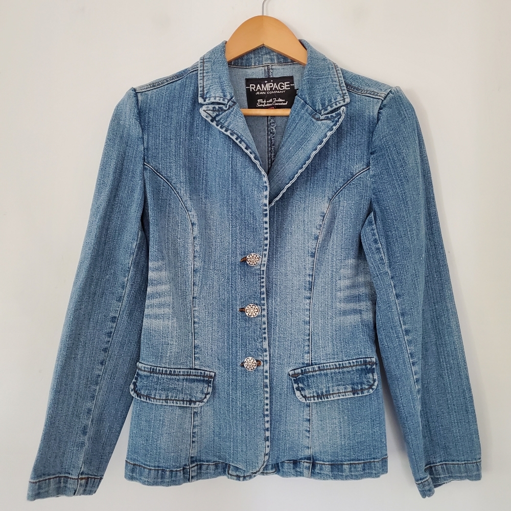RAMPAGE Y2K Sz M Denim Blue Jean 3-Button Jacket 70's Vibe Boho Chic Western